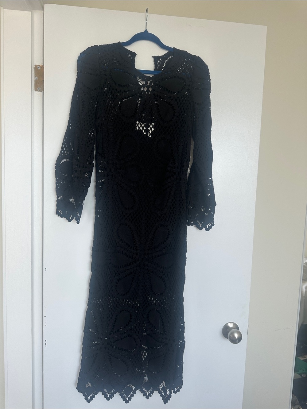 ba&sh Black Crochet Long Sleeve Midi Dress